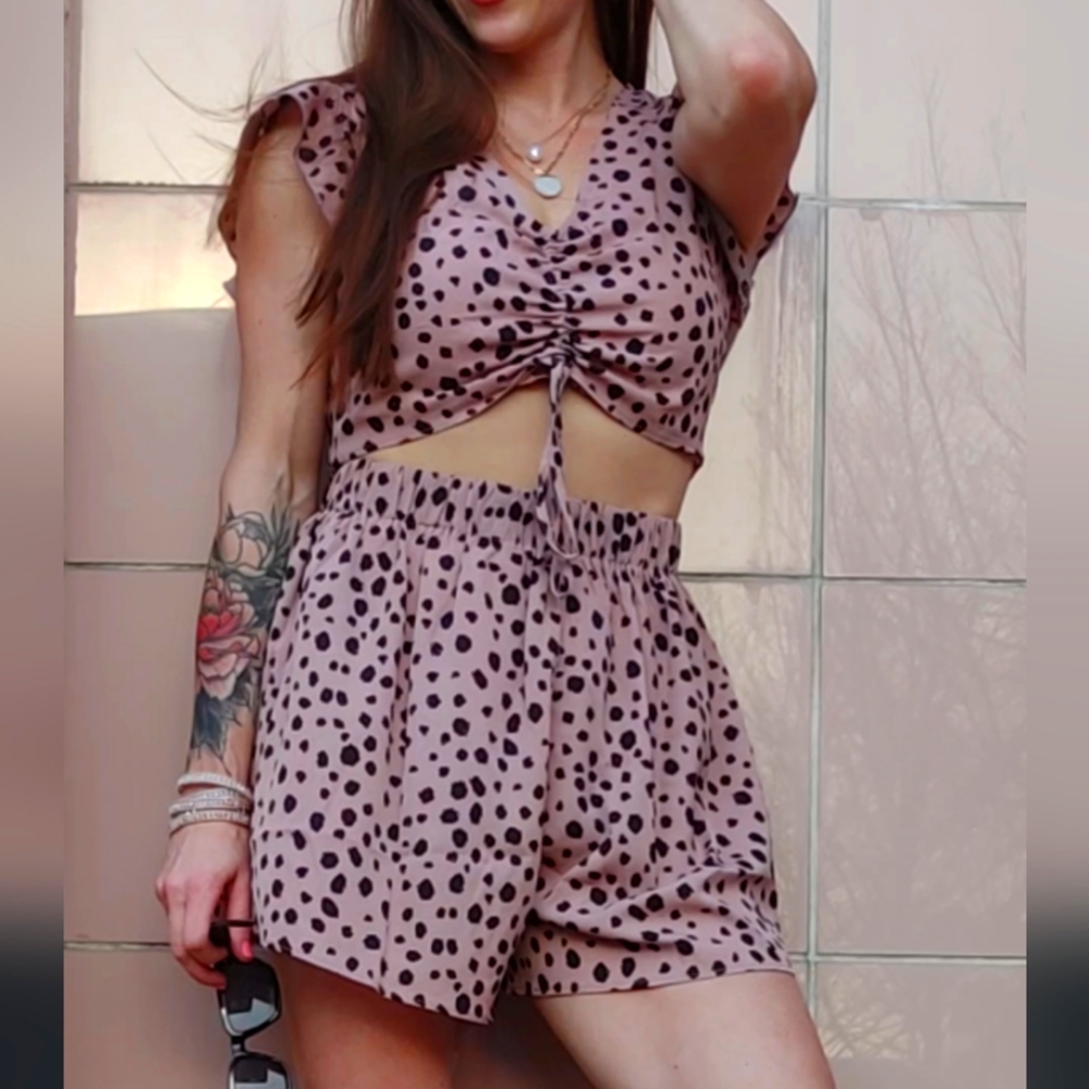 Women's two piece dalmatian print black and rose shot ser